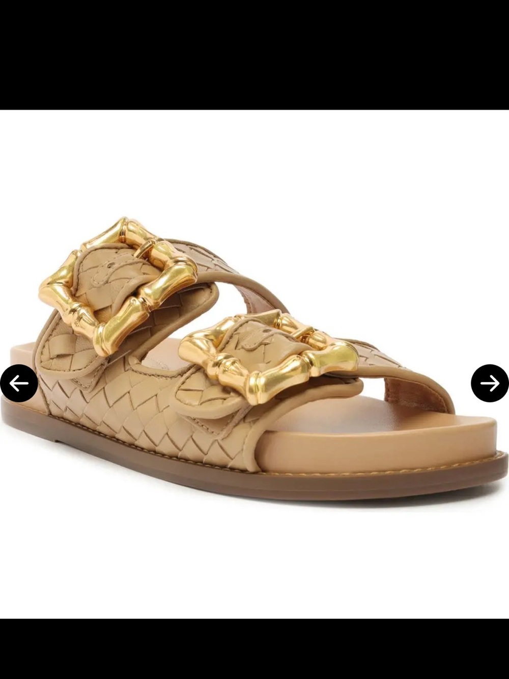 SCHUTZ Enola Tan Woven Leather Slide Sandal with Gold Buckles